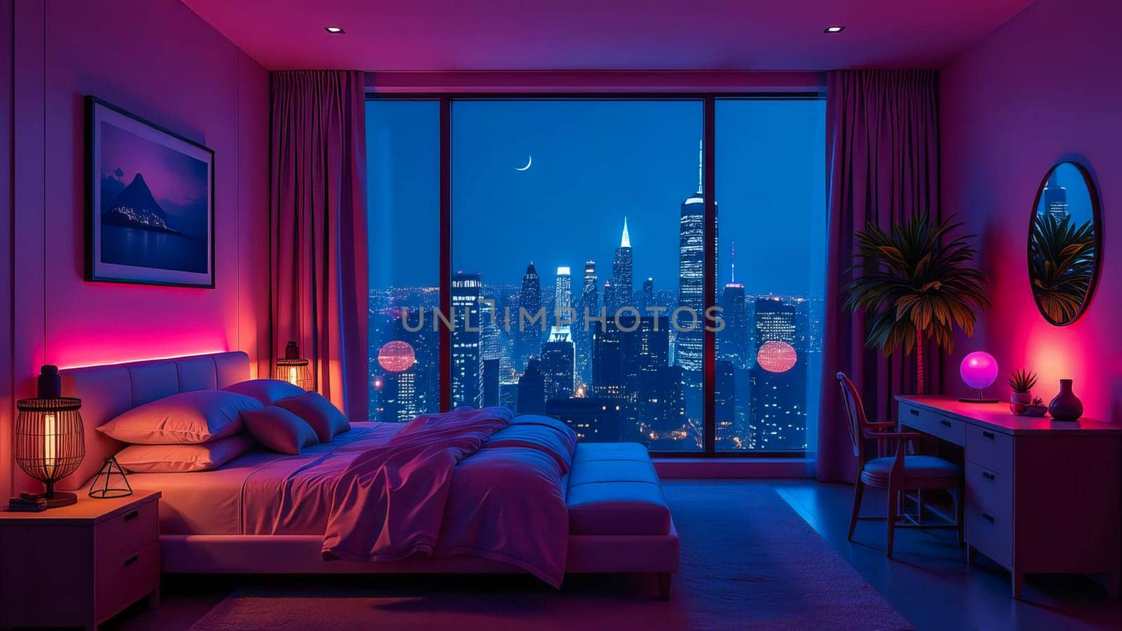 Bedroom interior with large window and night cityscape with neon lights.
