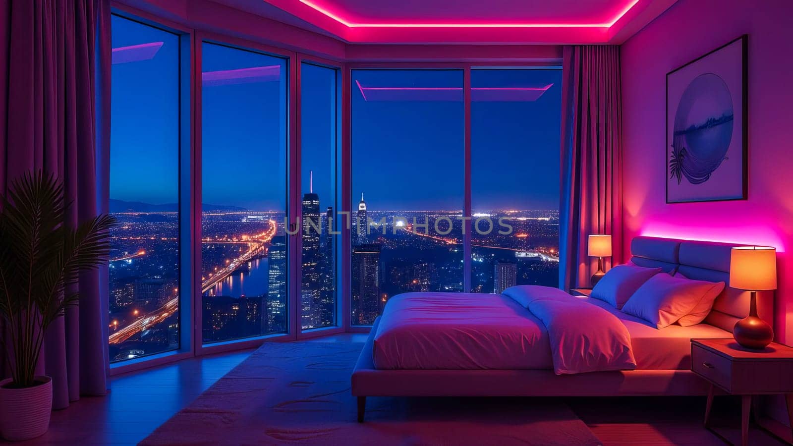Bedroom interior with large window and night cityscape with neon lights.
