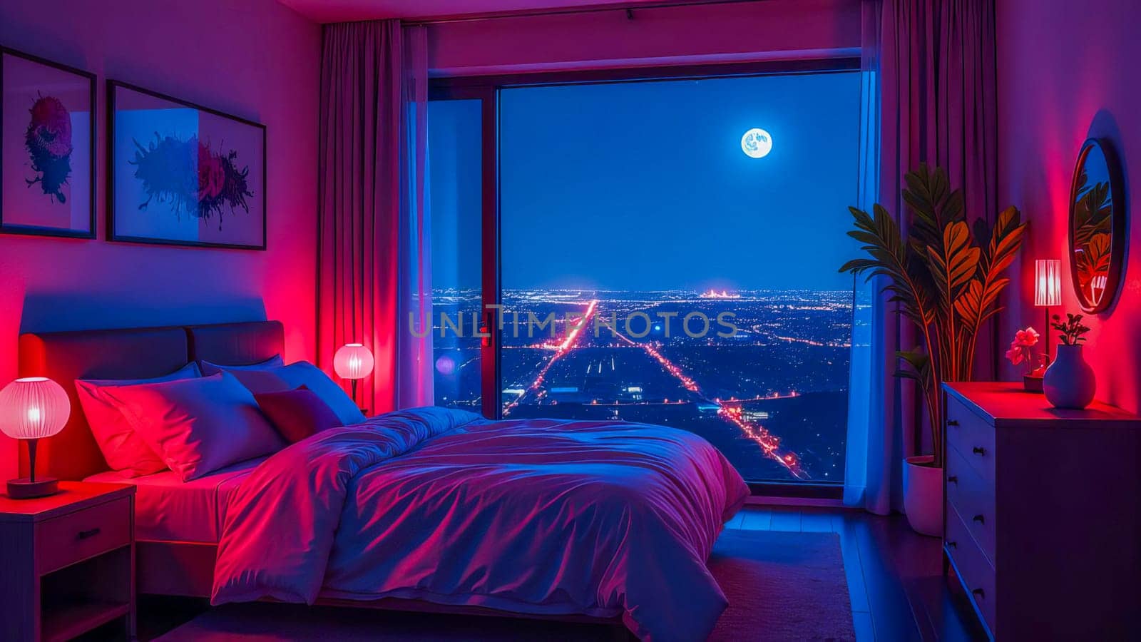 Bedroom interior with large window and night cityscape with neon lights.