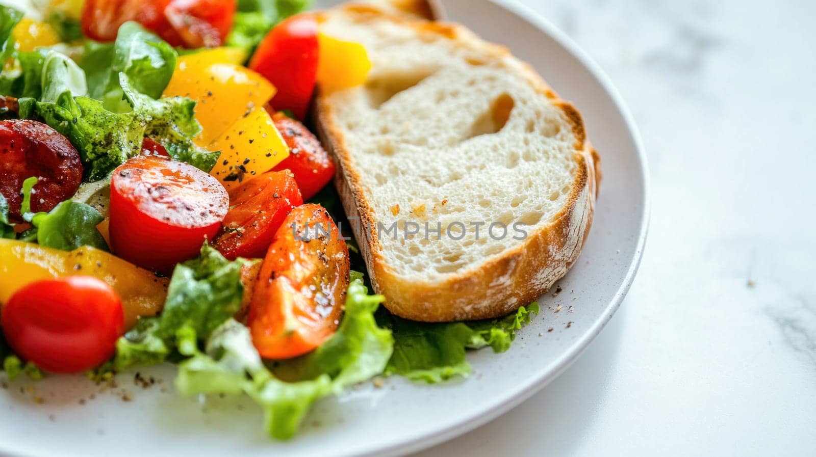 Delicious and healthy salad with grilled sausage, tomatoes, bell peppers and a slice of bread, perfect for a light meal