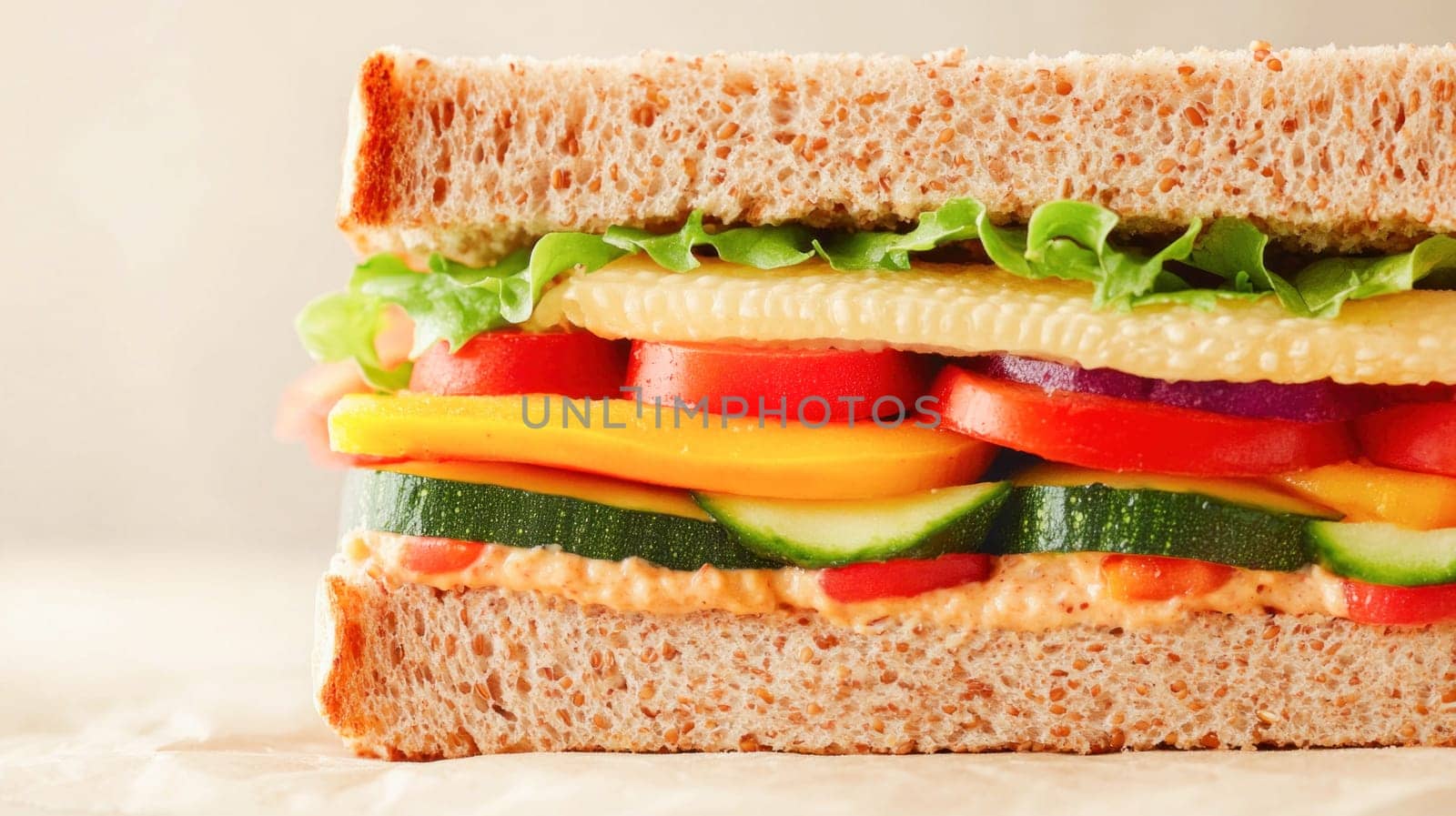 Whole wheat sandwich is filled with various fresh vegetables, including lettuce, tomato, zucchini, yellow bell peppers, and cheese, promoting healthy eating