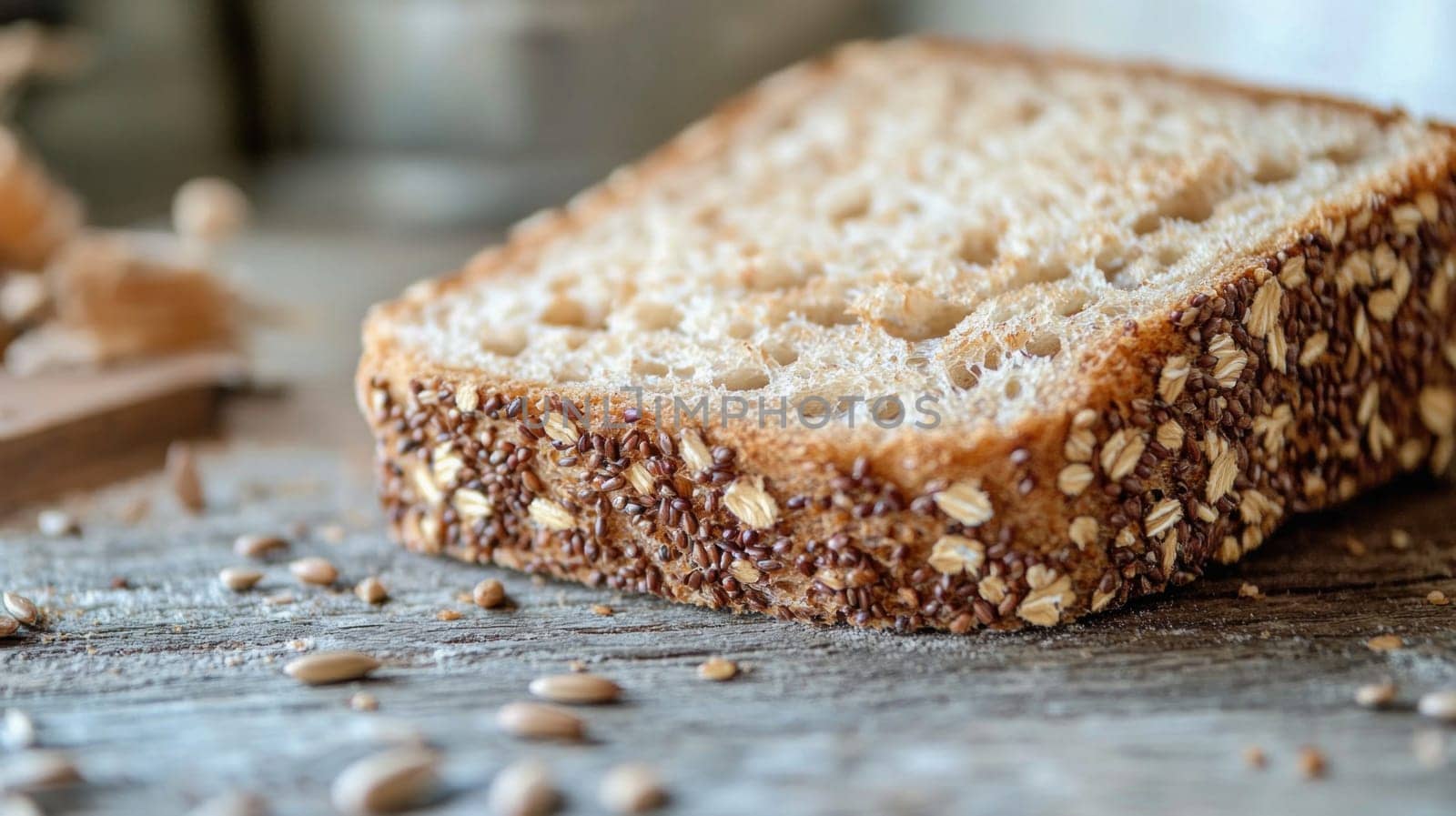 Close up of multigrain bread slices showcasing seeds and texture, placed on a wooden surface