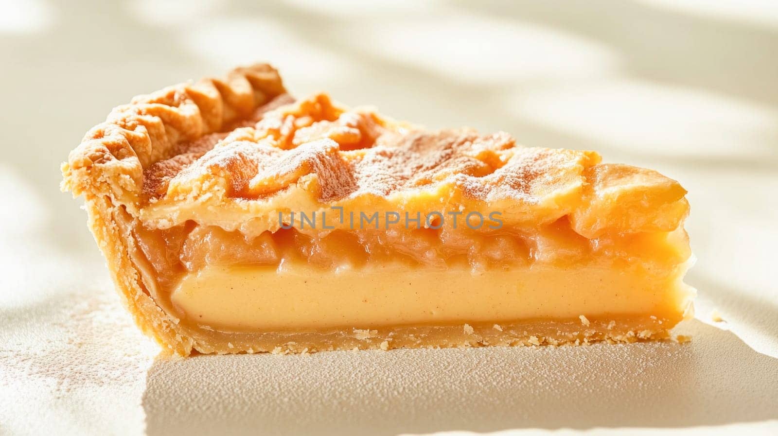 Slice of apple pie showing the filling and the crust, sprinkled with icing sugar, resting on a white surface