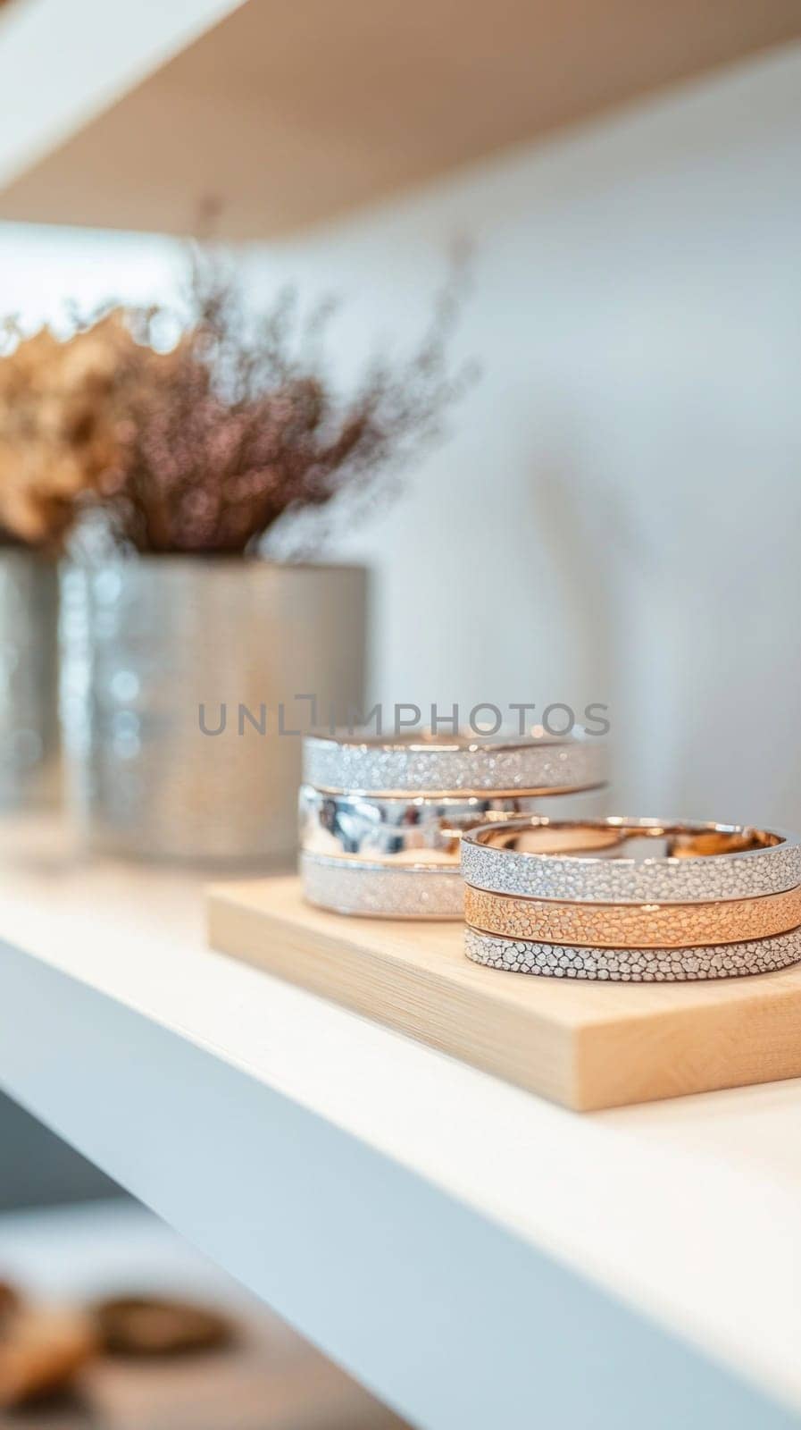Modern jewelry store showcasing elegant bracelets on a shelf, adding a touch of sophistication to any wrist