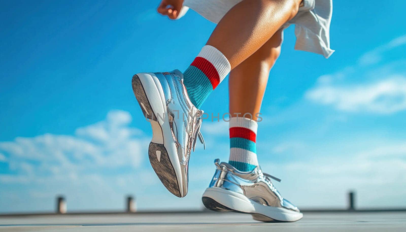 Close up of woman legs wearing silver sneakers and colorful striped socks running on rooftop on sunny day