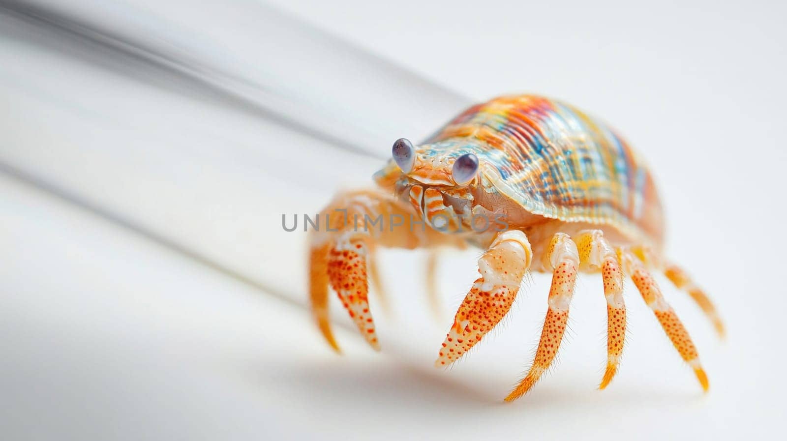 Small hermit crab with colorful shell exploring a white surface near a test tube, showcasing its delicate features and vibrant colors