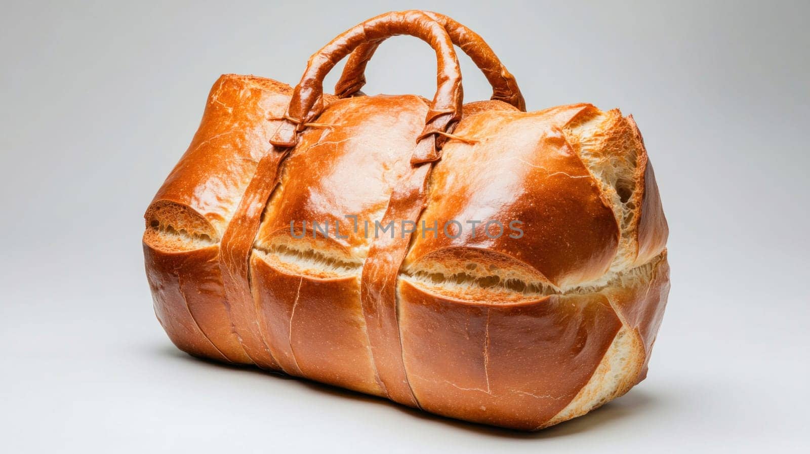 Freshly baked golden brown bread loaf resembling a travel bag, showcasing baking creativity