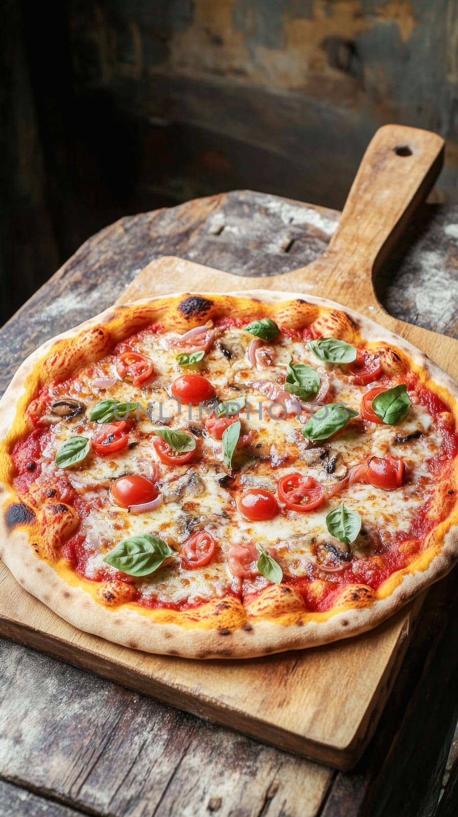 Freshly baked pizza with a crispy crust, featuring melted cheese, mushrooms, cherry tomatoes, and basil leaves