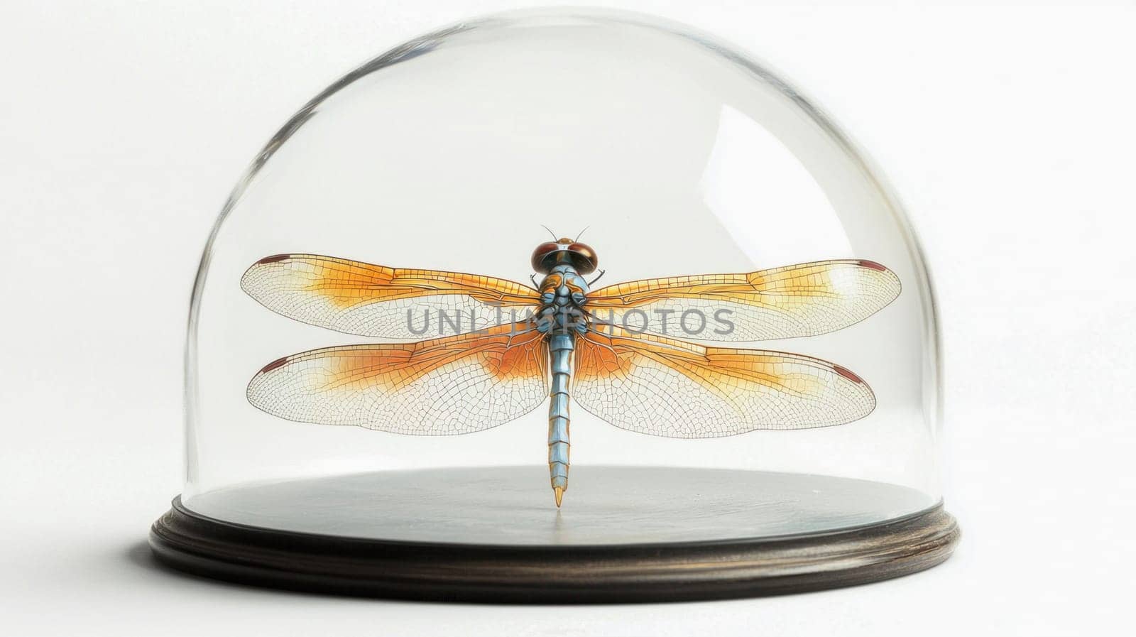 Orange and blue dragonfly preserved under glass dome on a white background, entomology and wildlife conservation concept