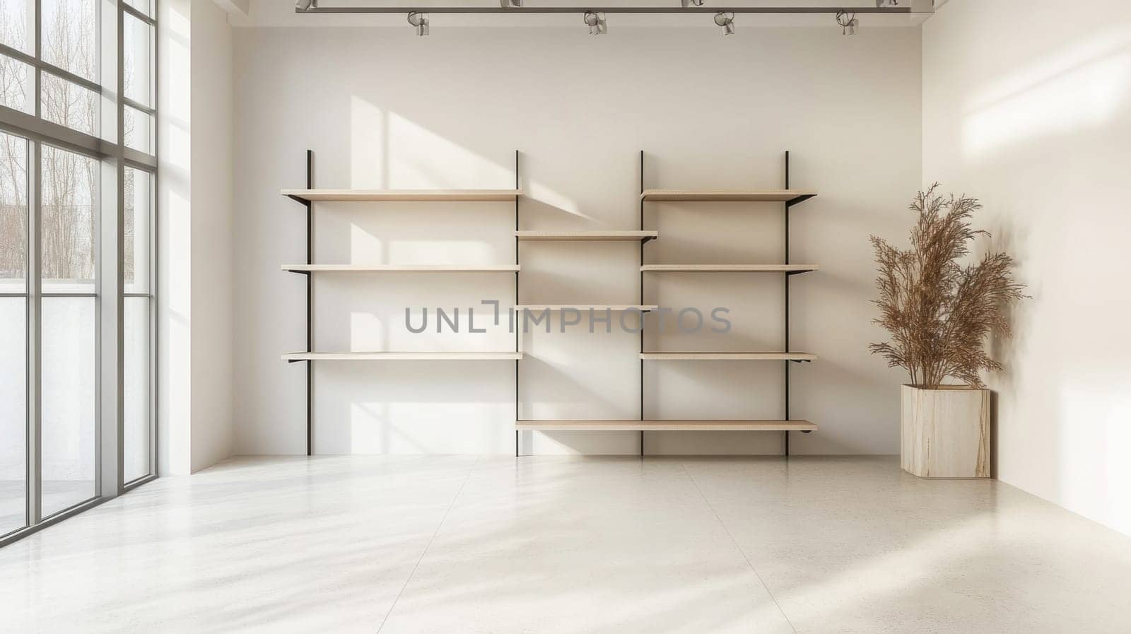 Sunlight illuminating empty wooden shelves and a decorative plant in a modern, minimalist room