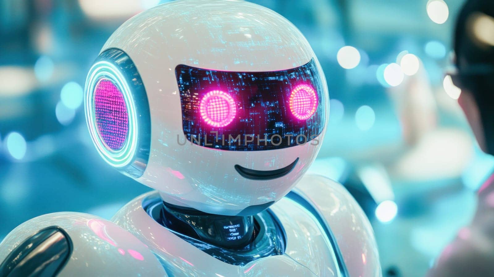 Humanoid robot showing data processing with glowing pink eyes in a futuristic environment