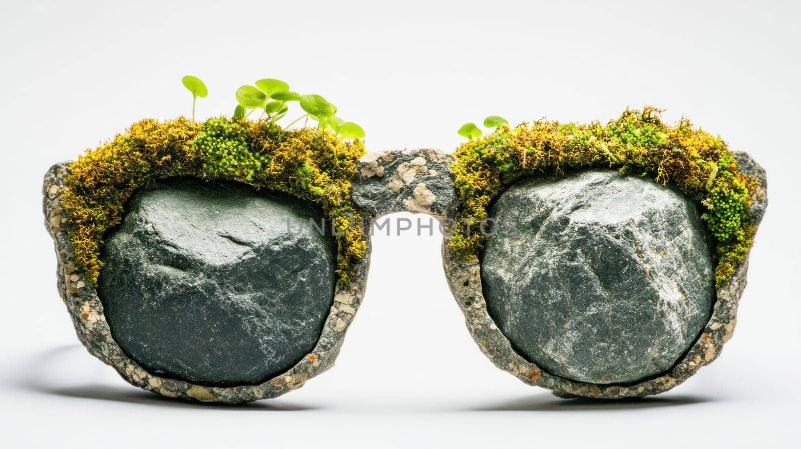 Eyeglasses frame made of stone and concrete, decorated with living moss and plants, promoting eco friendly design