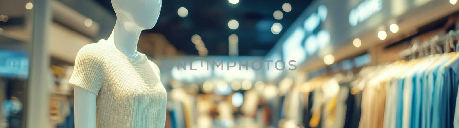 A woman's mannequin stands in front of a clothing store. High quality photo