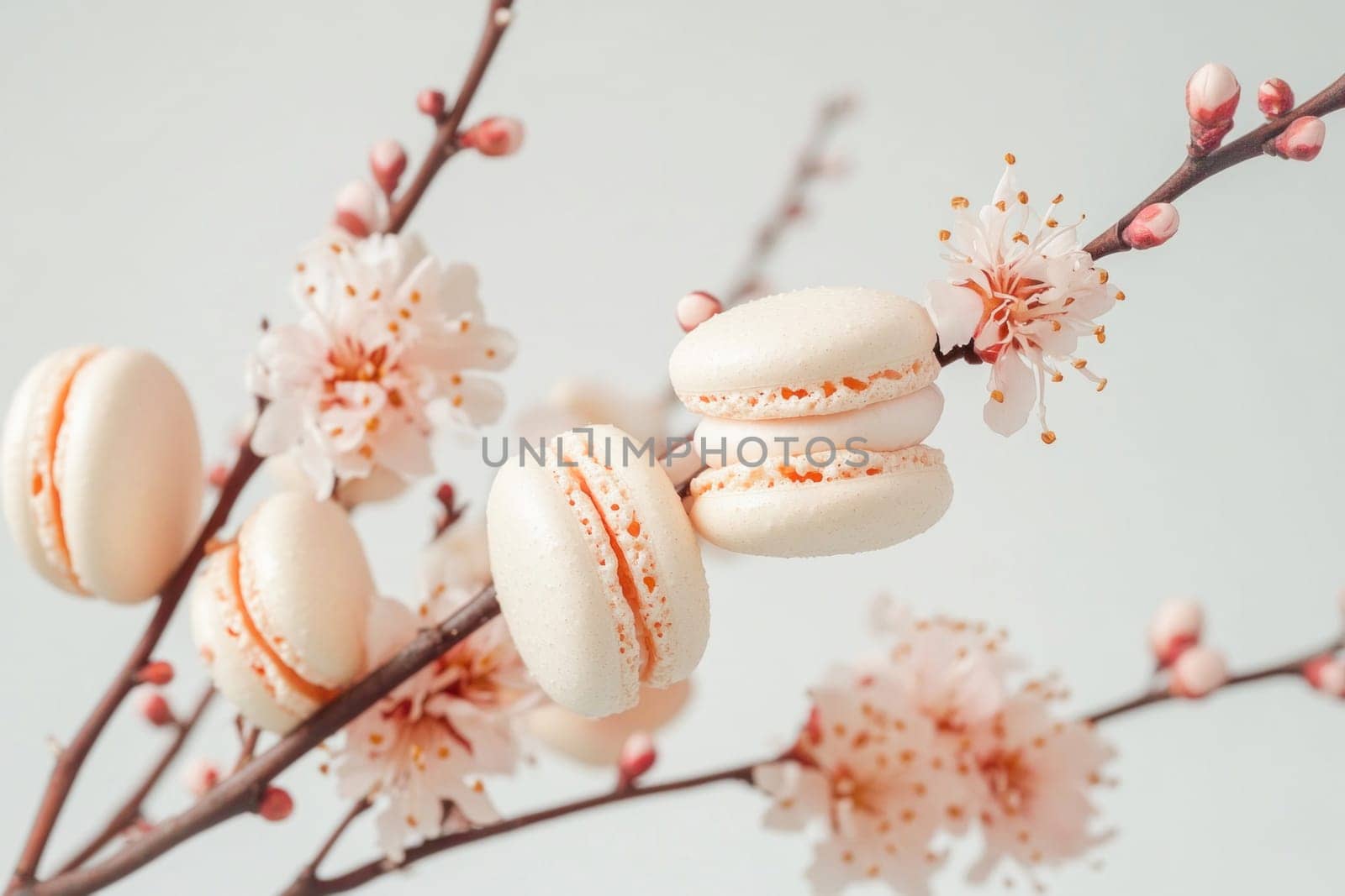 Delicious almond french macarons hanging on a flowering branch creating a beautiful spring composition