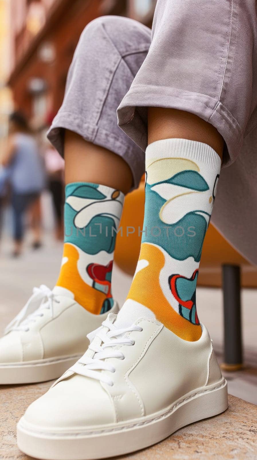 Stylish woman showcasing trendy colorful socks paired with white sneakers while sitting in a vibrant urban environment