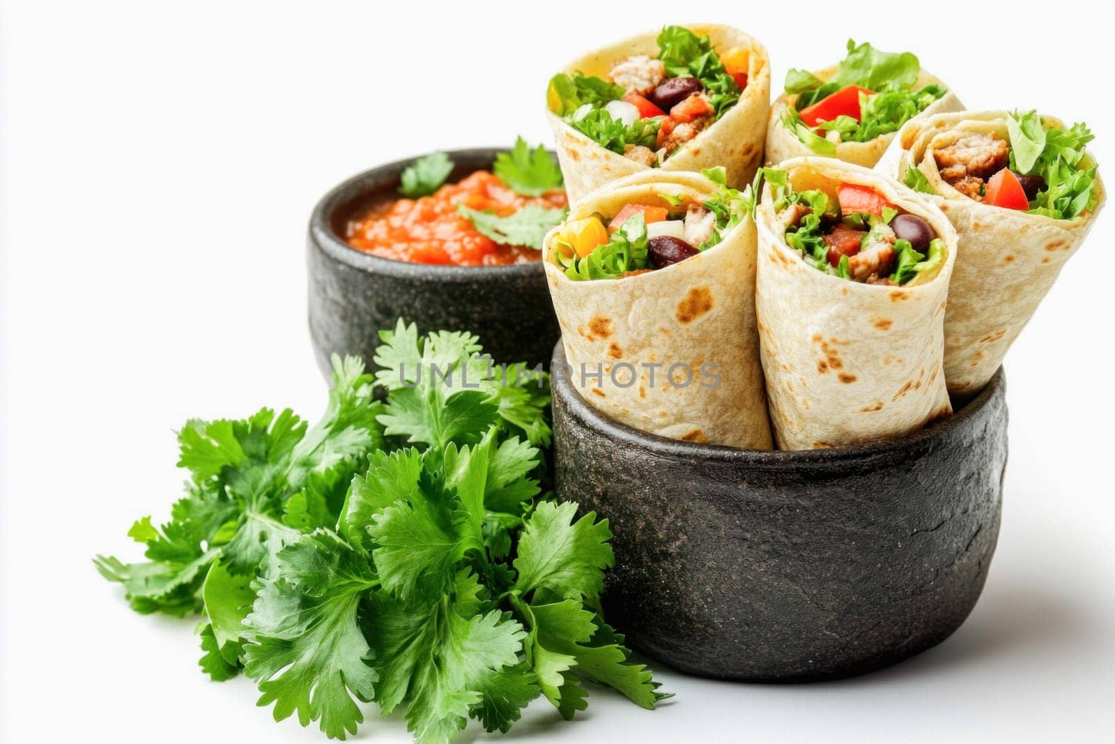 Delicious chicken burritos with salsa dip and cilantro leaves, embodying mexican cuisine