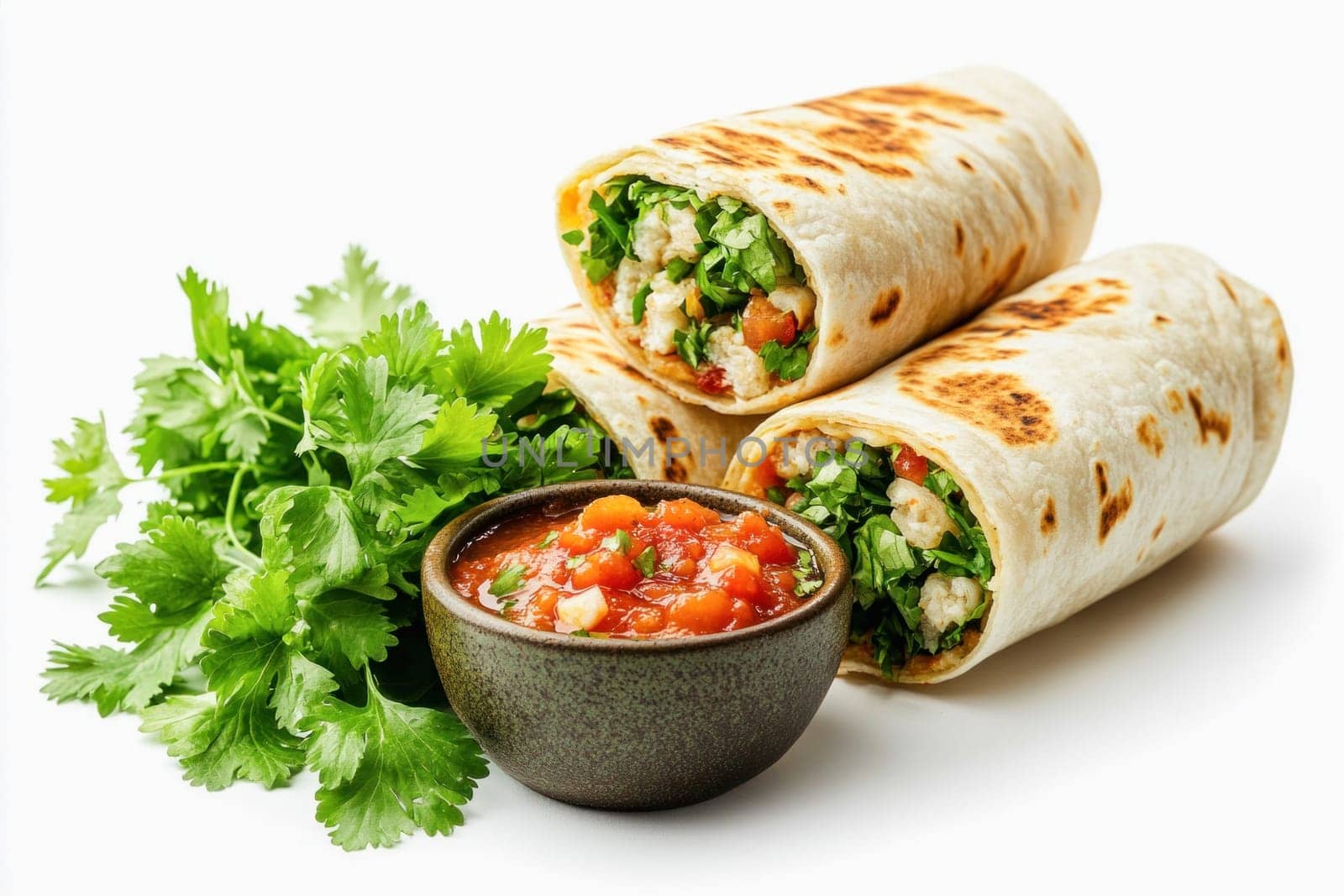 Two chicken wraps garnished with fresh cilantro and served with a small bowl of salsa