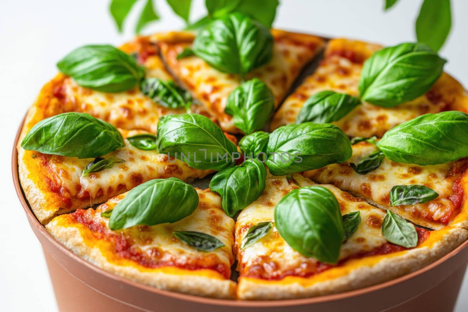 Sliced pizza with tomato, mozzarella cheese and basil leaves, served in a terracotta pot