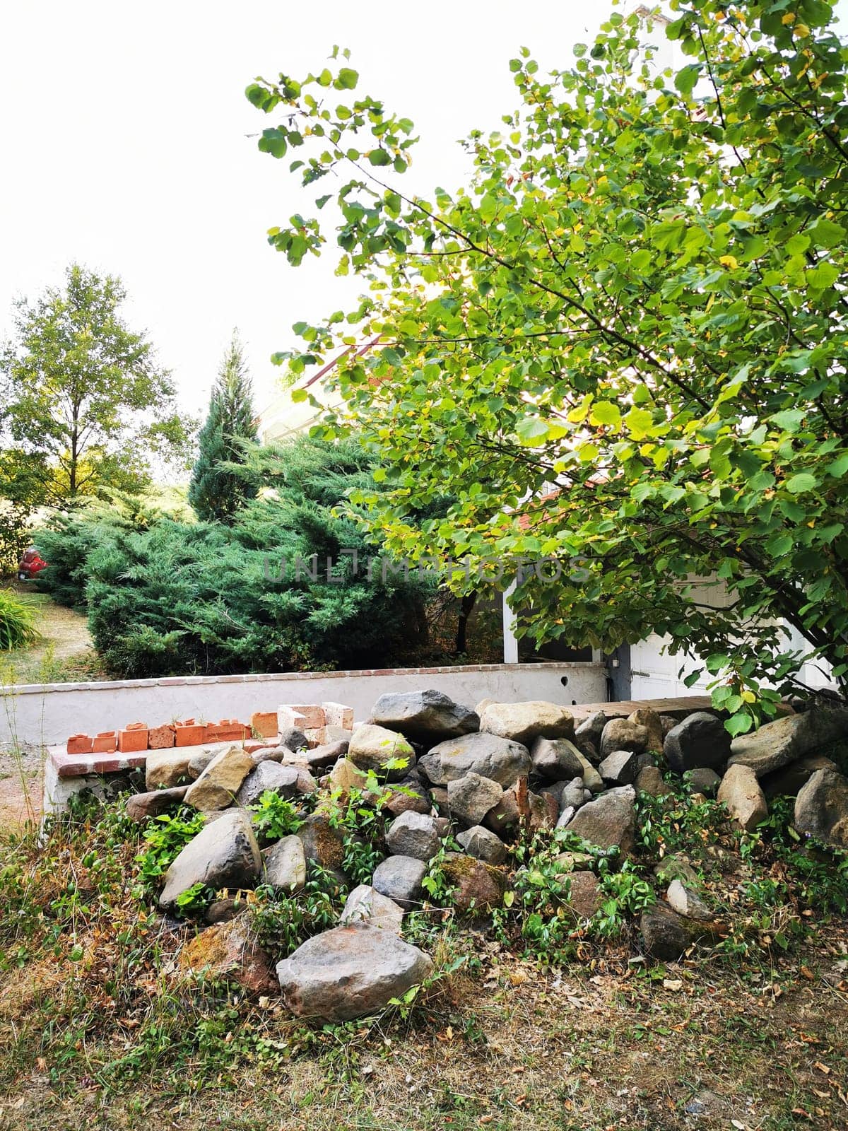 A rocky area in a garden showcases various sizes of stones surrounded by greenery, trees, and shrubs, creating a natural and tranquil outdoor environment.