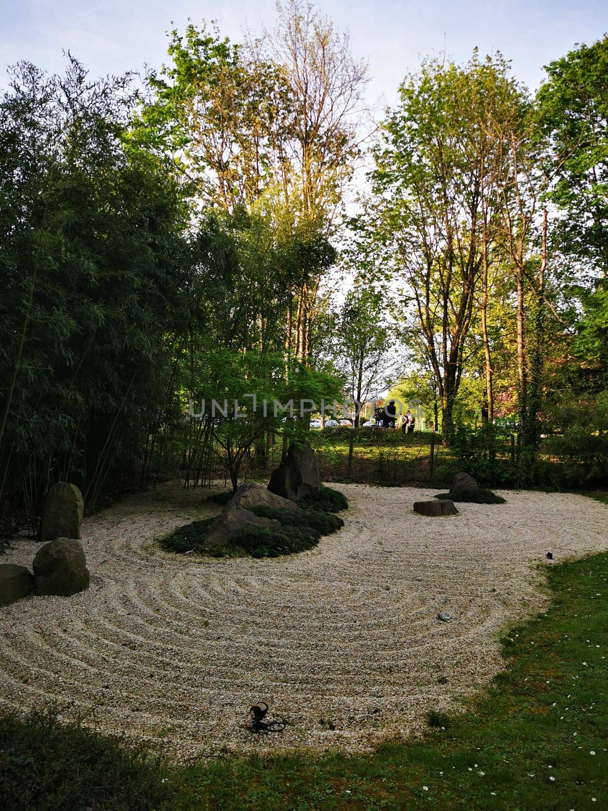 A serene Japanese zen garden showcases raked gravel patterns surrounded by stones and greenery, inviting peaceful contemplation during sunset in the city park.