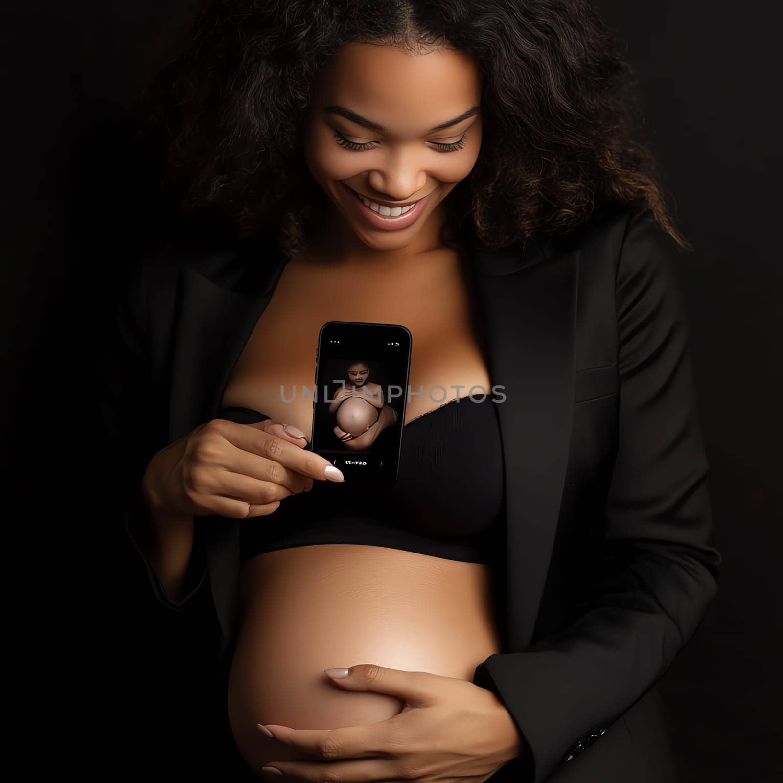 A woman is holding a cell phone up to her stomach. The phone is showing a picture of a baby