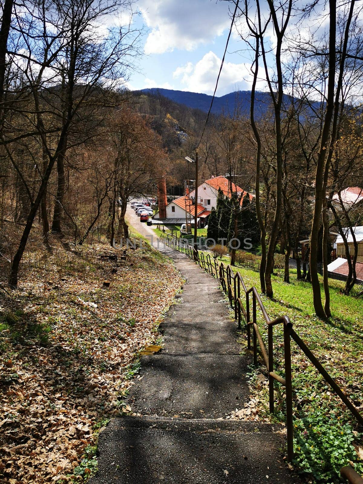The path meanders down through bare trees, leading to a charming village nestled in the mountains, bathed in sunlight on a clear day.