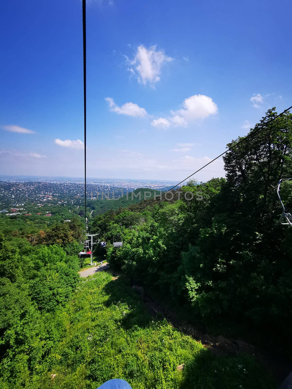 A cable car travels above vibrant green hills, offering a stunning view of the city skyline and expansive landscape under a clear blue sky.