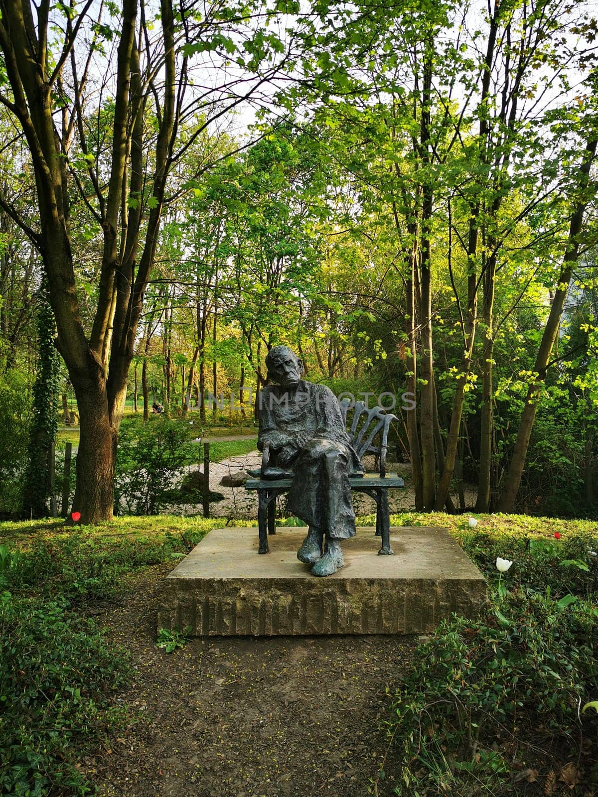 A serene park scene showcases a bronze statue of an elderly man sitting on a bench. The setting is filled with leafy trees and natural light, creating a peaceful atmosphere.