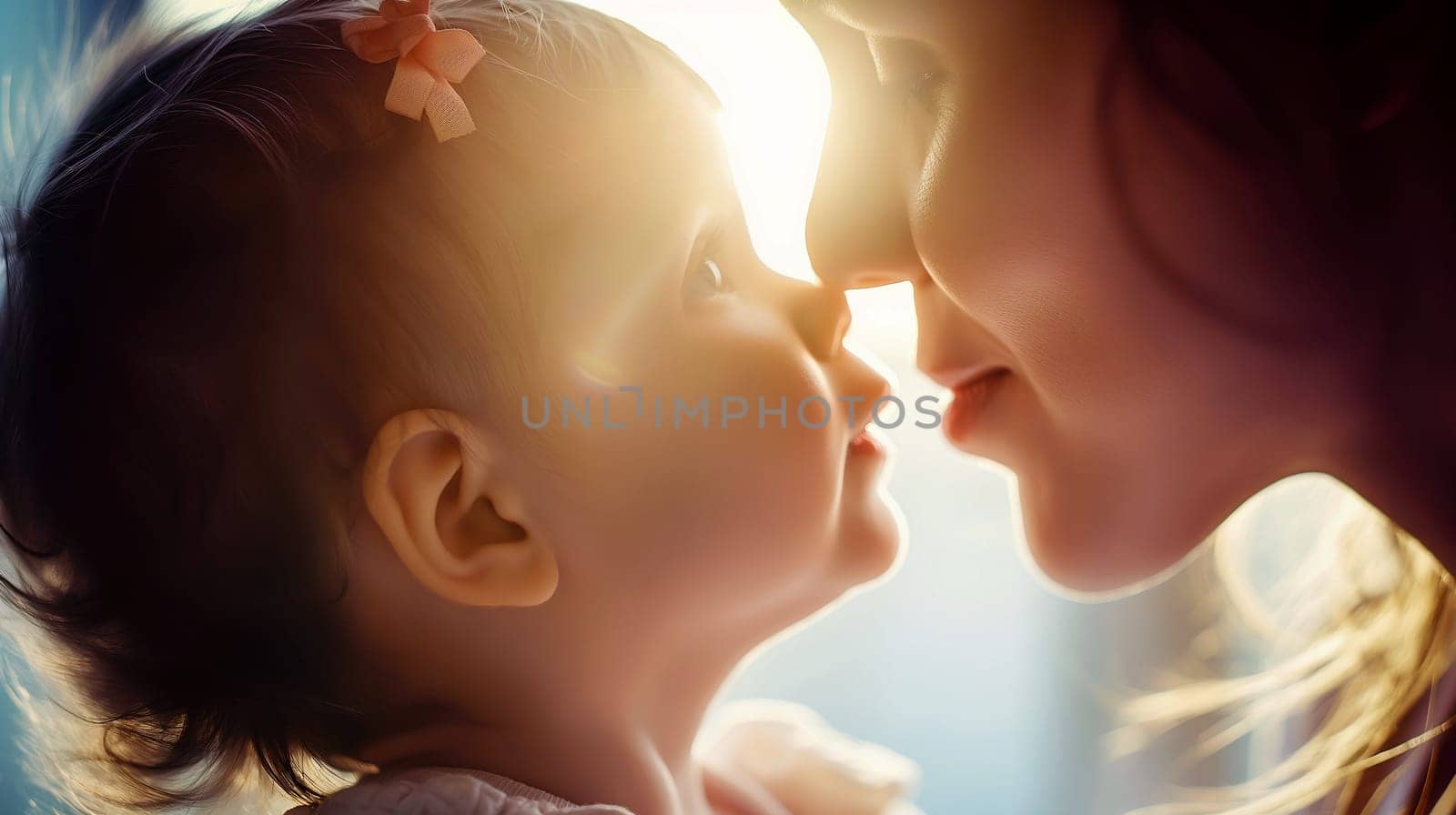 A mother and her baby girl are engaging in a sweet, intimate moment, their noses almost touching as sunlight bathes them in a warm glow, creating an atmosphere of love and joy - Generative AI