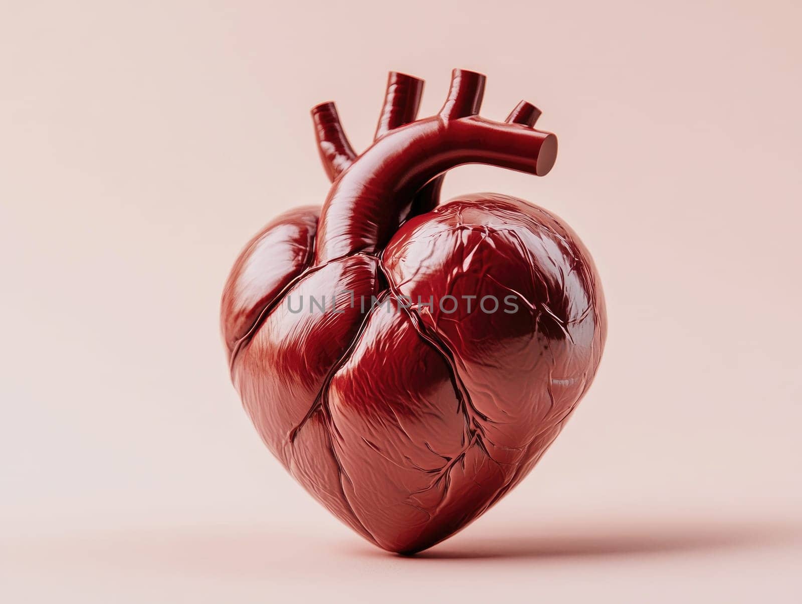 Realistic red heart model on light pink background. Valentines day design for creative projects.