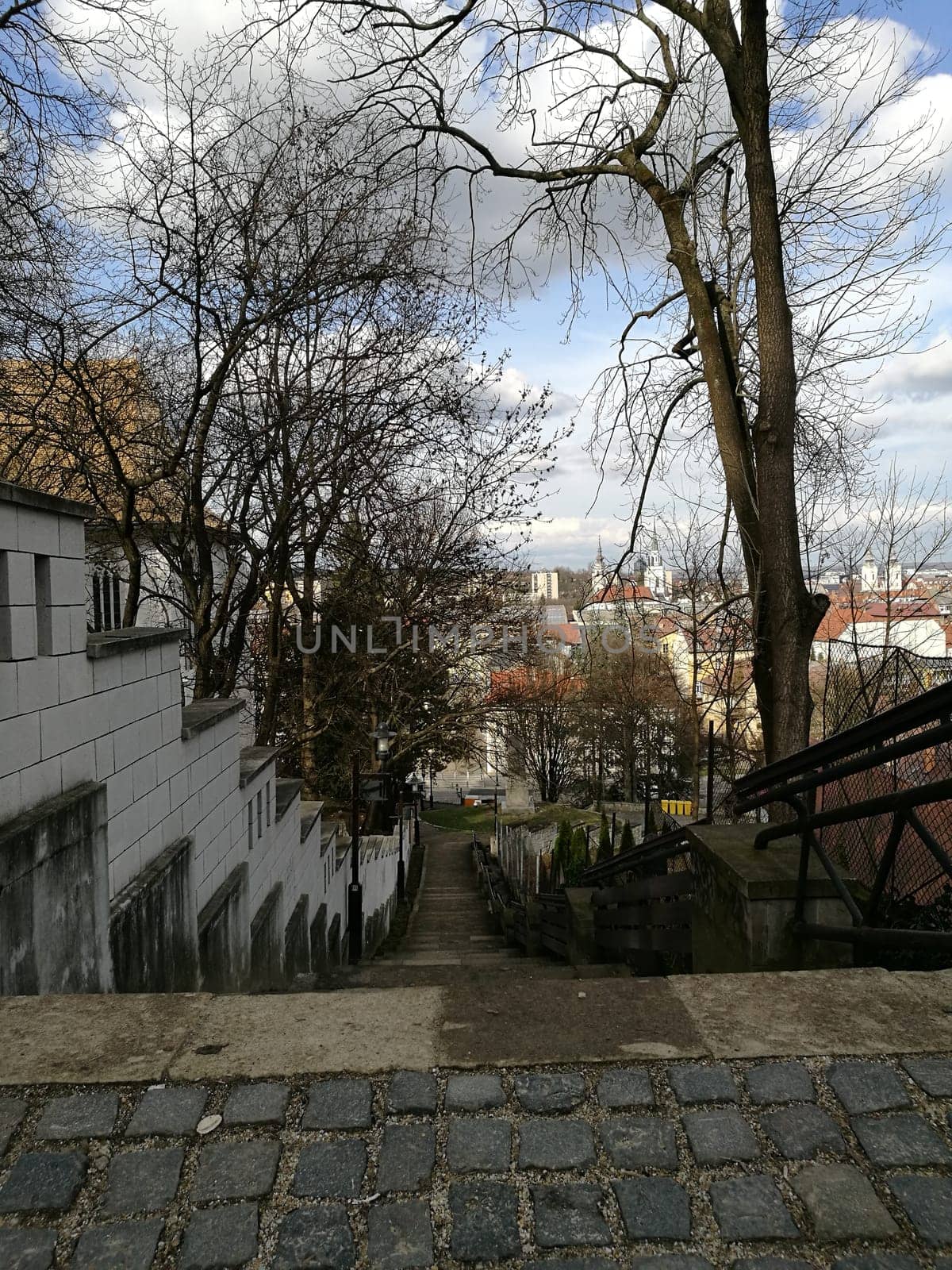 Visitors descend a set of stone steps surrounded by trees in an urban landscape, with buildings visible in the distance under a cloudy sky.