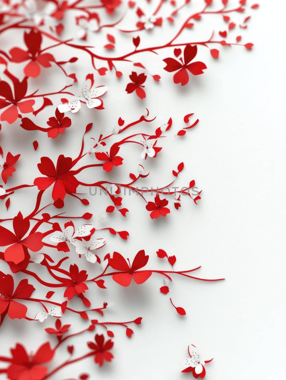 Elegant red floral paper cut out design on white background for art and decoration.