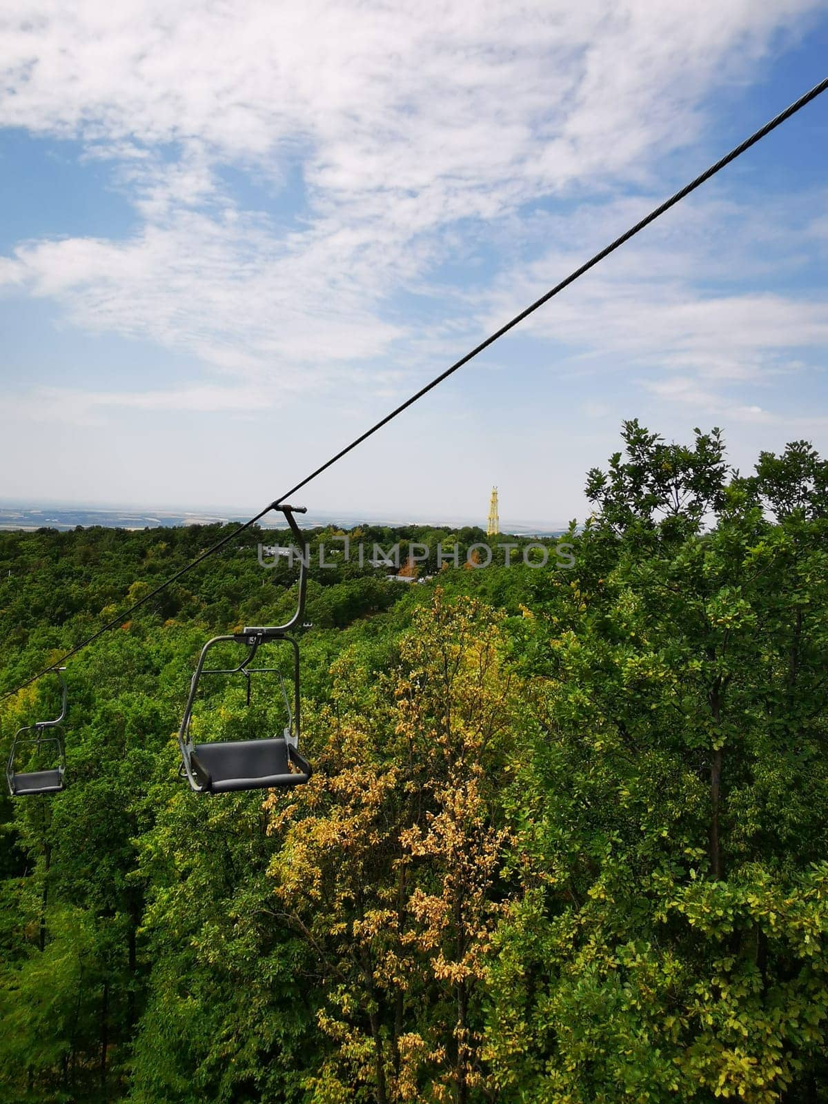 A chairlift glides above a vibrant forest, offering breathtaking views of the landscape below under a clear blue sky on a beautiful day.