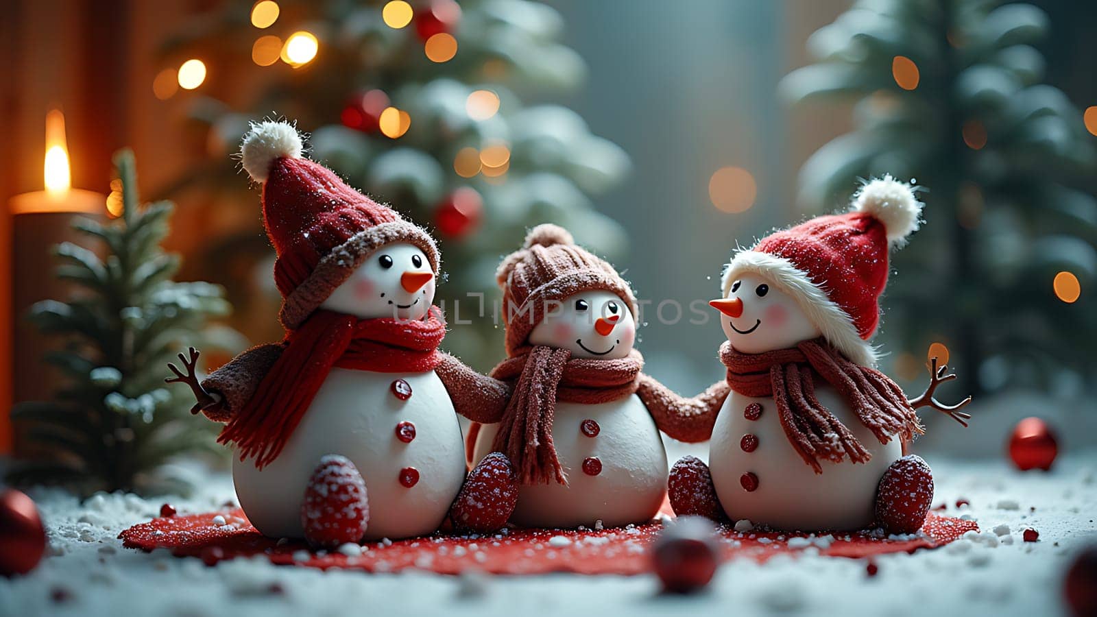 Two snowmen are standing next to a Christmas tree. One of the snowmen is holding a candle