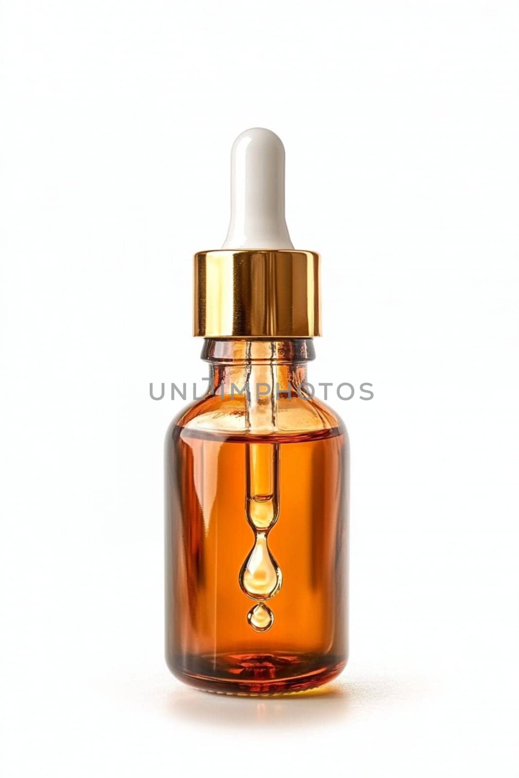 Glass dropper bottle filled with a golden liquid is dripping, showcasing its potential for beauty, health, or pharmaceutical applications
