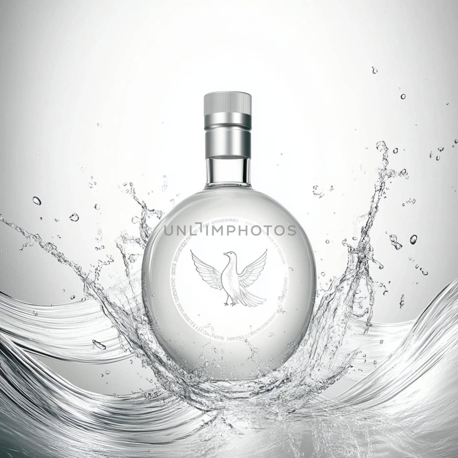 Transparent bottle filled with liquid is standing in the middle of a big splash of water, creating interesting shapes and reflections
