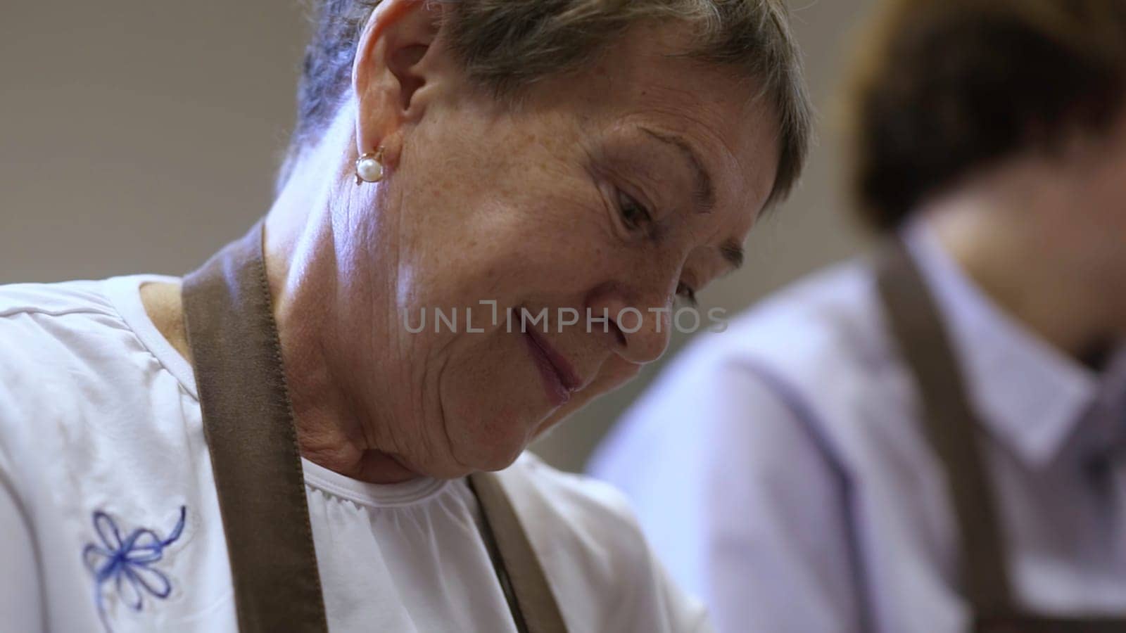An elderly woman participating in a delightful cooking class, showcasing her amazing skills and passion in the kitchen. Stock Clip