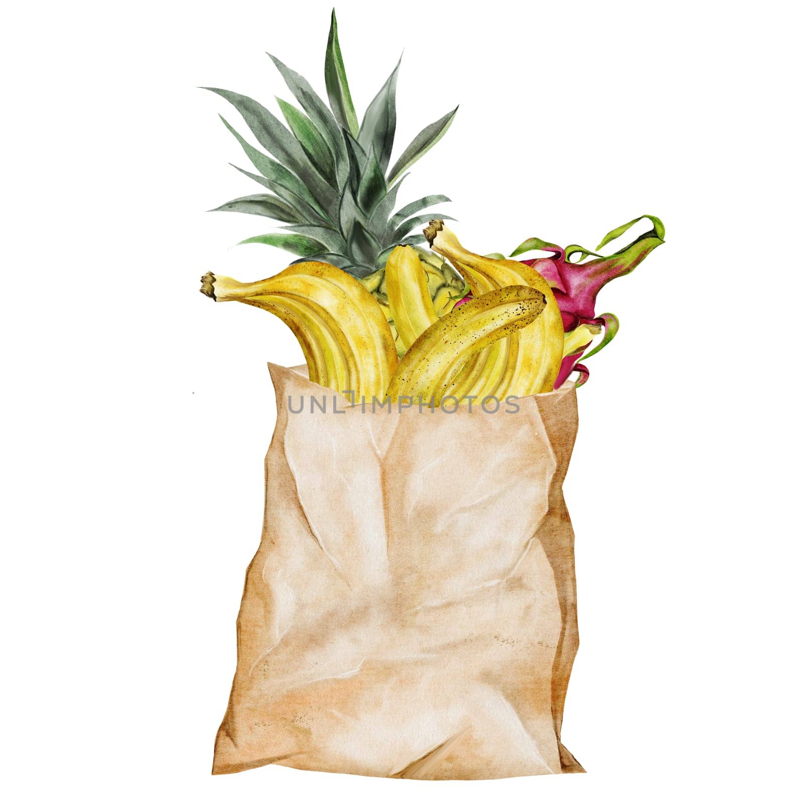Paper bag with fruits watercolor. Hand drawn craft packaging with bananas, pineapple and darkonim fruit. Food clip art. Ideal for food stickers, posters of farm organic stores and design of nutritionist blogs. High quality illustration