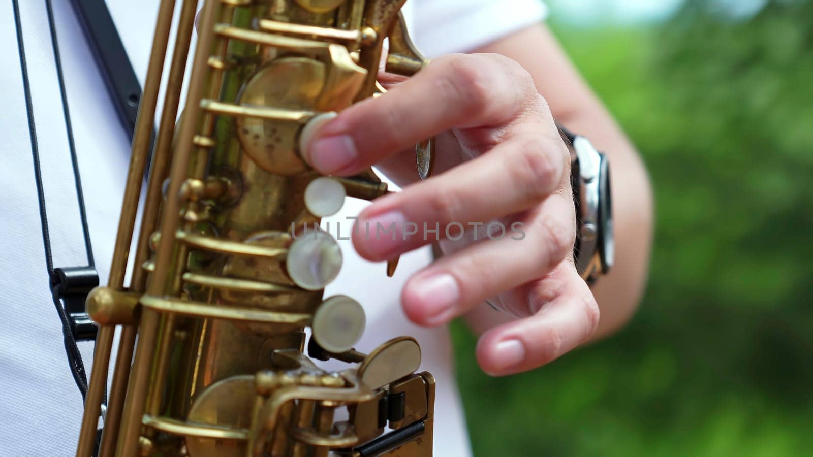 Heres a detailed view capturing a saxophonist playing a shining golden saxophone outdoors under natural light. Clip