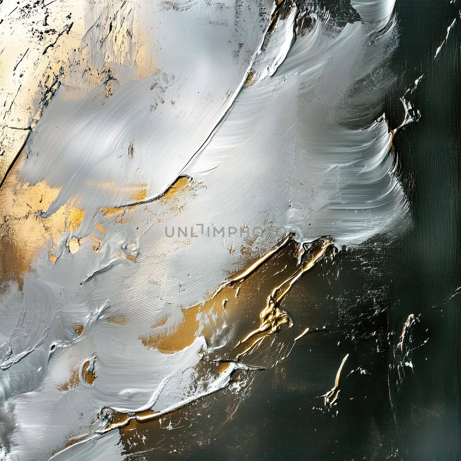 An abstract design features sweeping brush strokes of metallic gold and silver against a dark background, creating a striking visual contrast. The fluid forms suggest movement and depth.