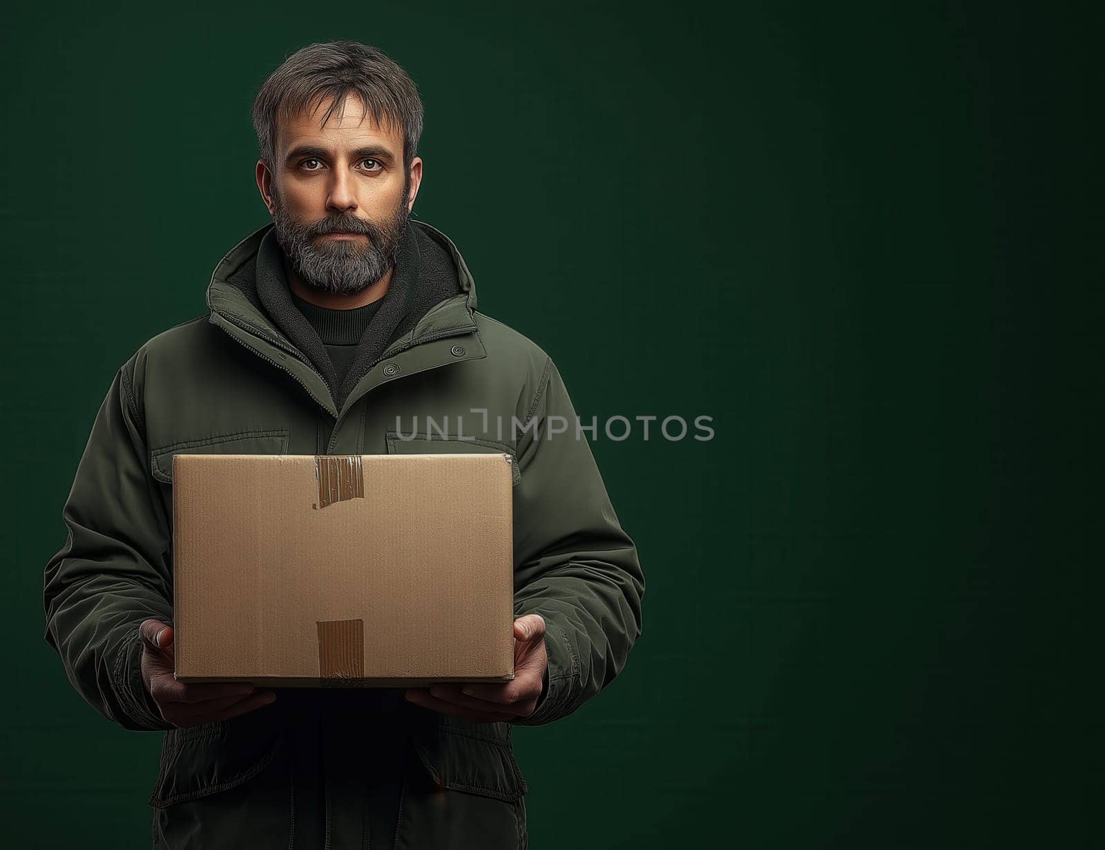 Delivery courier holds parcel on green background. Selective focus.