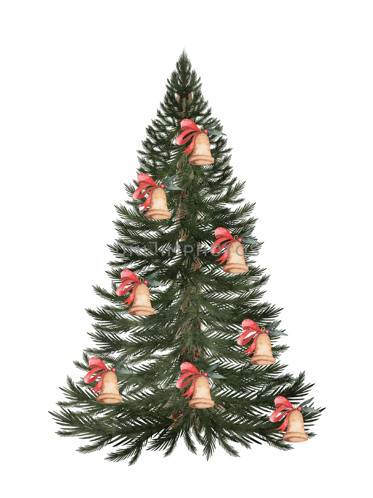 Christmas card watercolor. Hand drawn vintage evergreen tree with bells isolated on white background. Clip art of Christmas and New Year symbol. Ideal for greeting cards, posters and home crafts design. High quality illustration