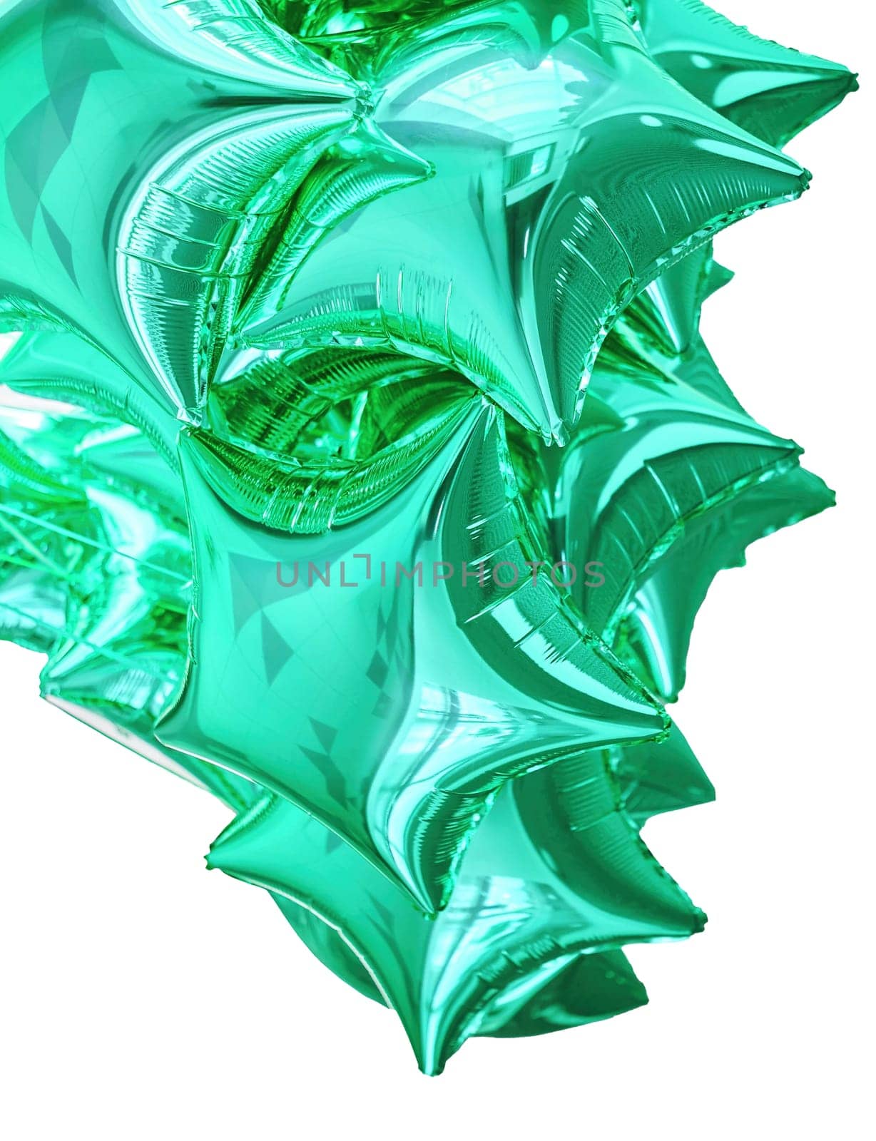 A cluster of shiny green star-shaped balloons is displayed, creating a lively and cheerful atmosphere for a party or festive occasion.