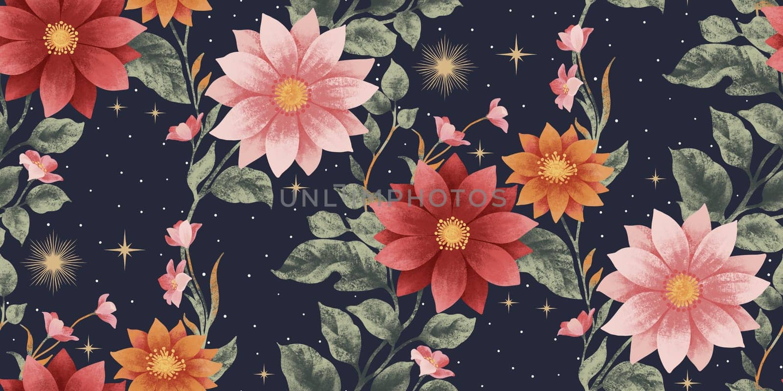 Seamless floral pattern with a dark navy blue background and vibrant flowers in pink, red, and orange colors, green leaves and celestial elements. Ideal for wallpapers, textiles, decorative prints.