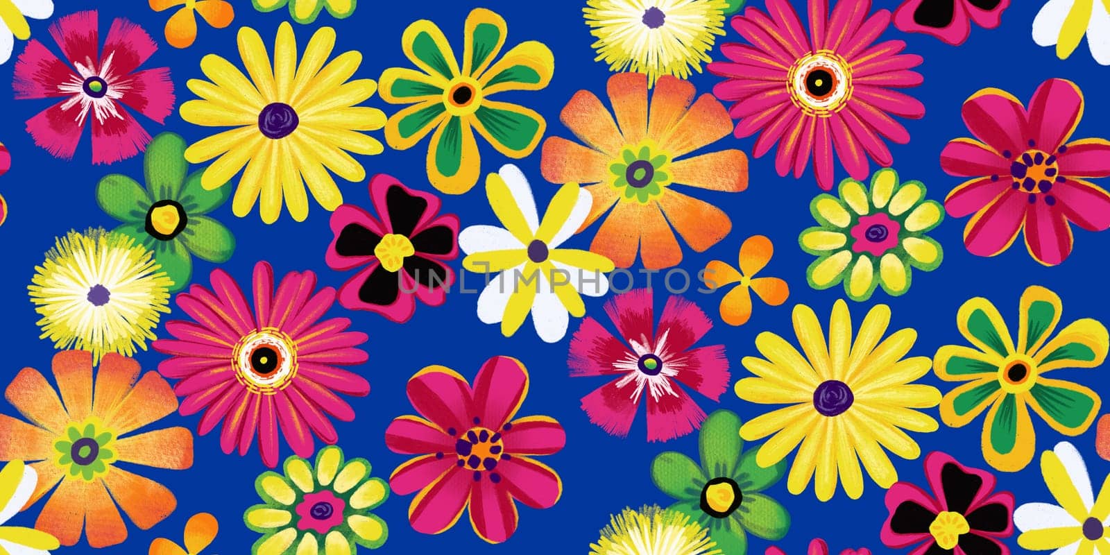 Vibrant Floral Pattern with Stylized Flowers in Yellow, Pink, Orange, Green, and White Colors on Deep Blue Background. Wallpaper Design for Textiles, Fabrics, Papers, Fashion Prints, Wrappings.