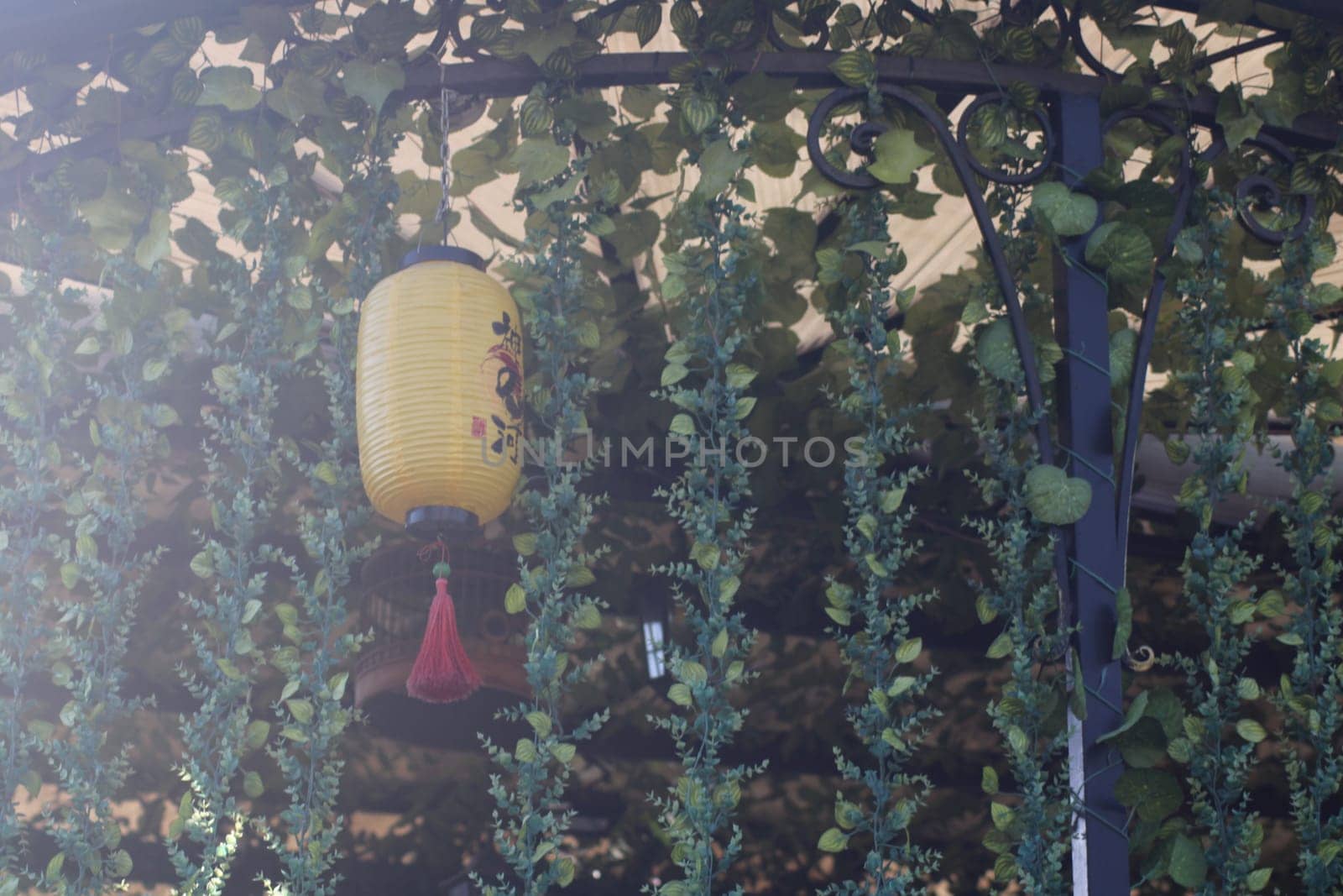 A bright yellow lantern dangles gracefully among lush green vines in a tranquil outdoor setting, bathed in afternoon sunlight, creating a peaceful atmosphere.