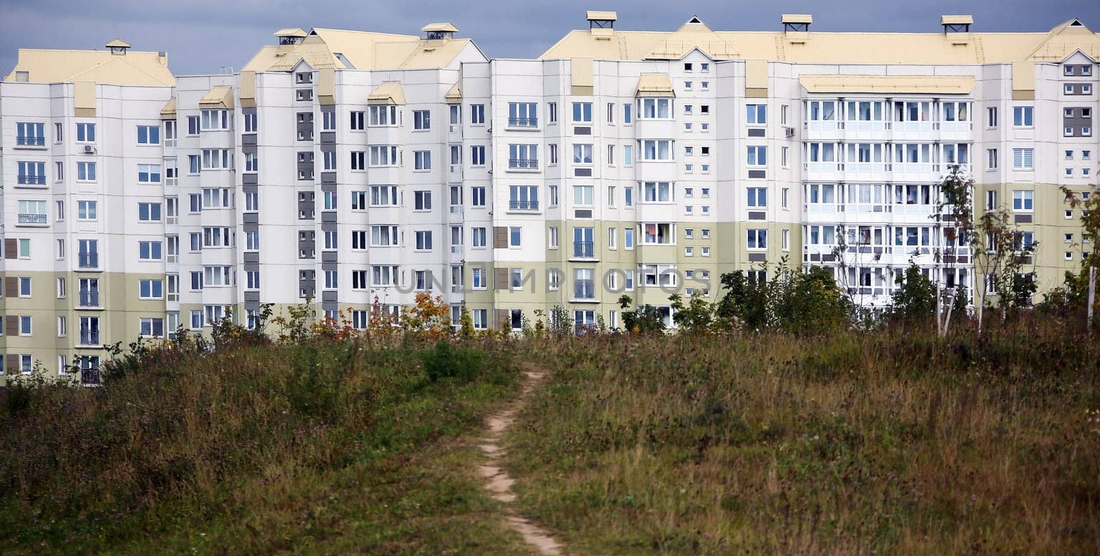 A tranquil path meanders through a lush green area, leading directly to a cluster of modern apartment buildings that dominate the landscape. The buildings display a mixture of soft pastel colors and large windows, reflecting contemporary architectural styles. The sky overhead is filled with moody clouds, hinting at an impending change in weather.
