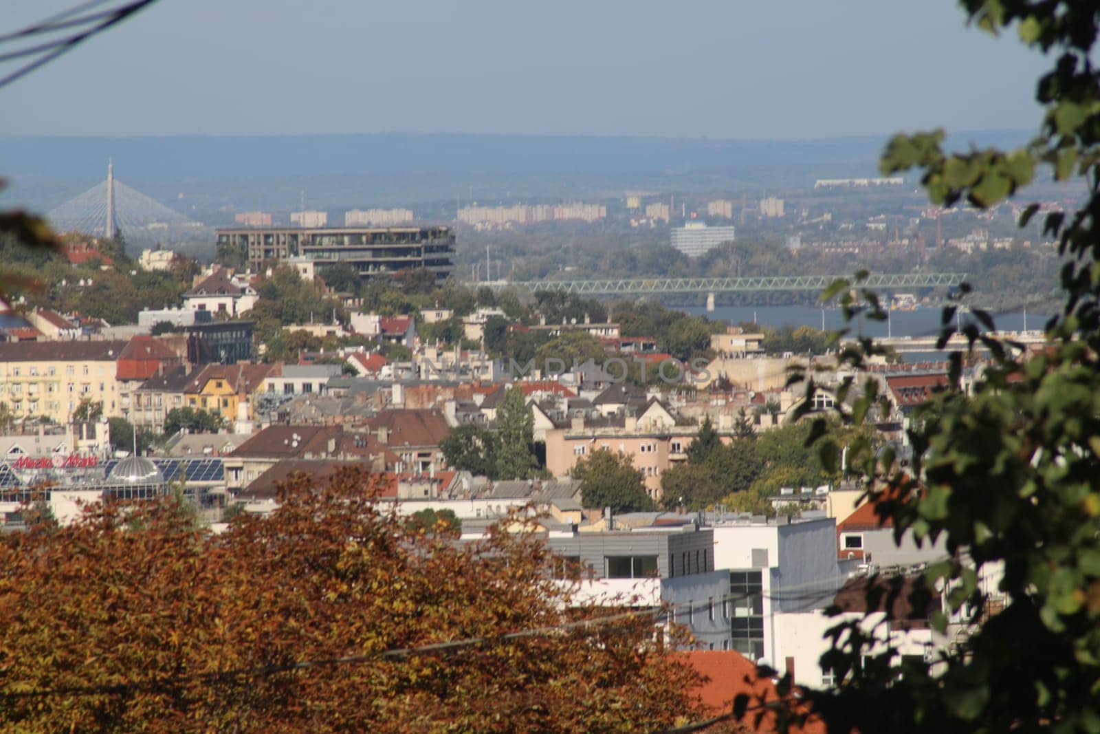 A vibrant town filled with historic buildings and greenery captures the essence of late afternoon. The river and distant hills create a scenic backdrop.