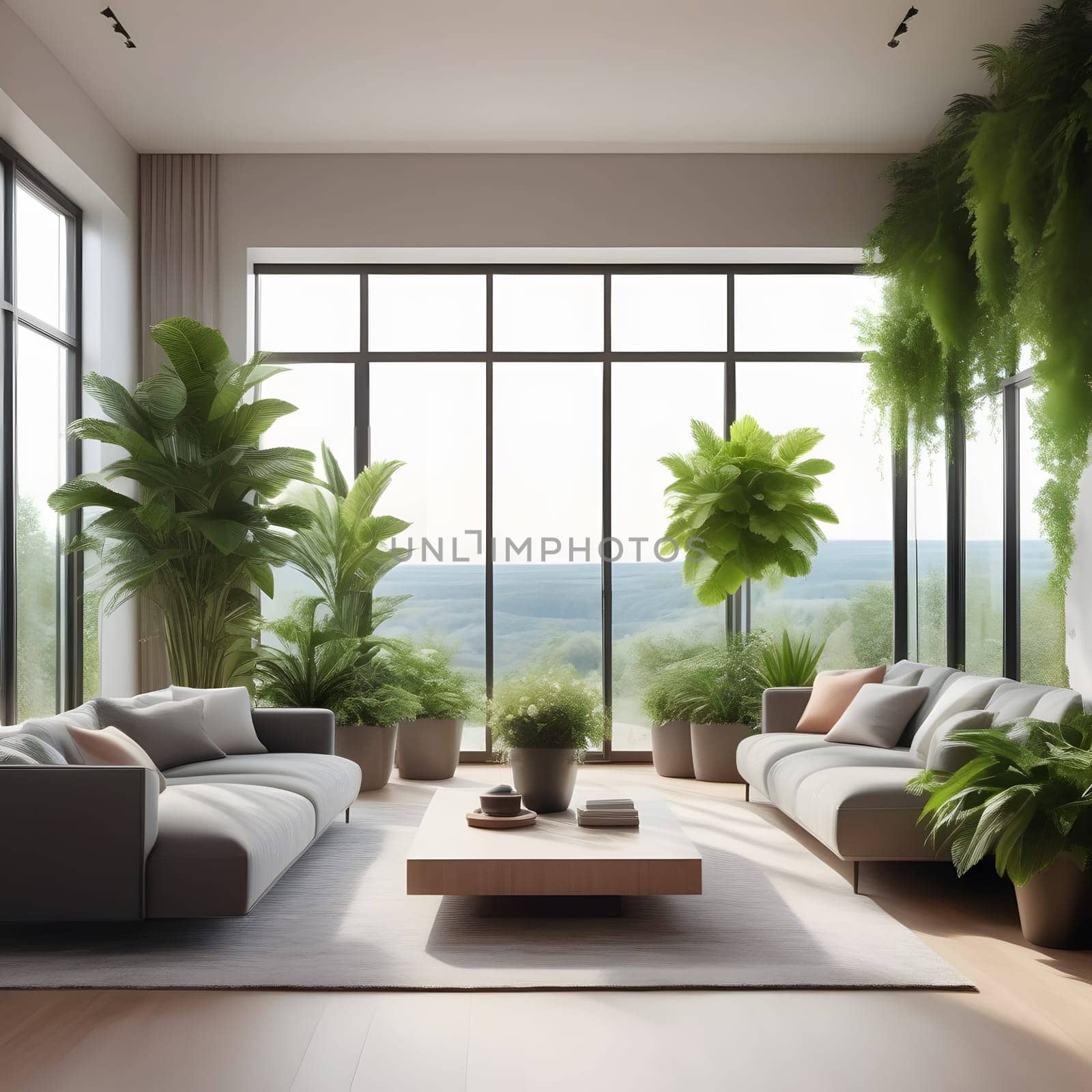 A stylish living room features cozy sofas and abundant greenery with large windows offering a beautiful outdoor vista.