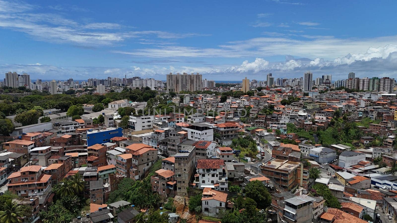 salvador, bahia, brazil - october 16, 2024: Aerial view of housing in a favela community in the city of Salvador.